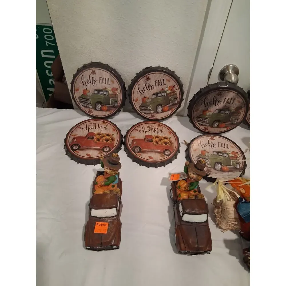 Huge 16pc Fall Autumn Decor Lot Scarecrow Truck Tractor Bottle Cap Signs Publix